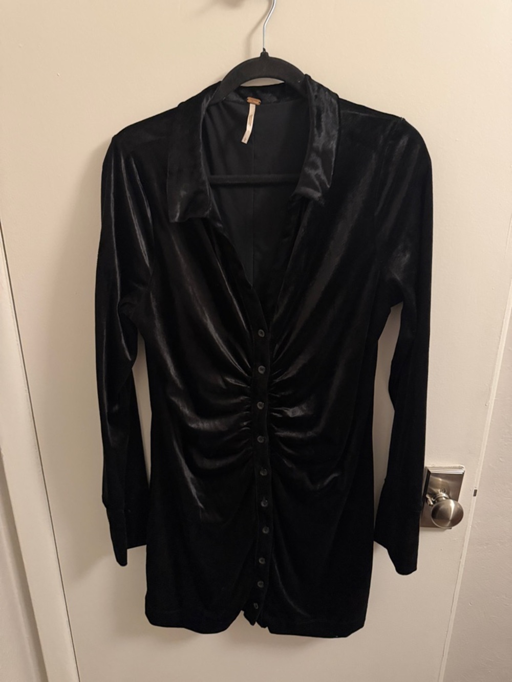 Free People Black Velvet Long Sleeve Buttoned Ruched Dress